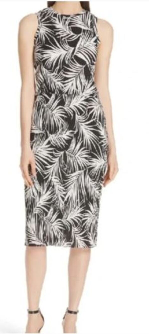 Hugo Boss Large Emago Sheath Dress Black Accordion Pleat Palm Print Sleeveless